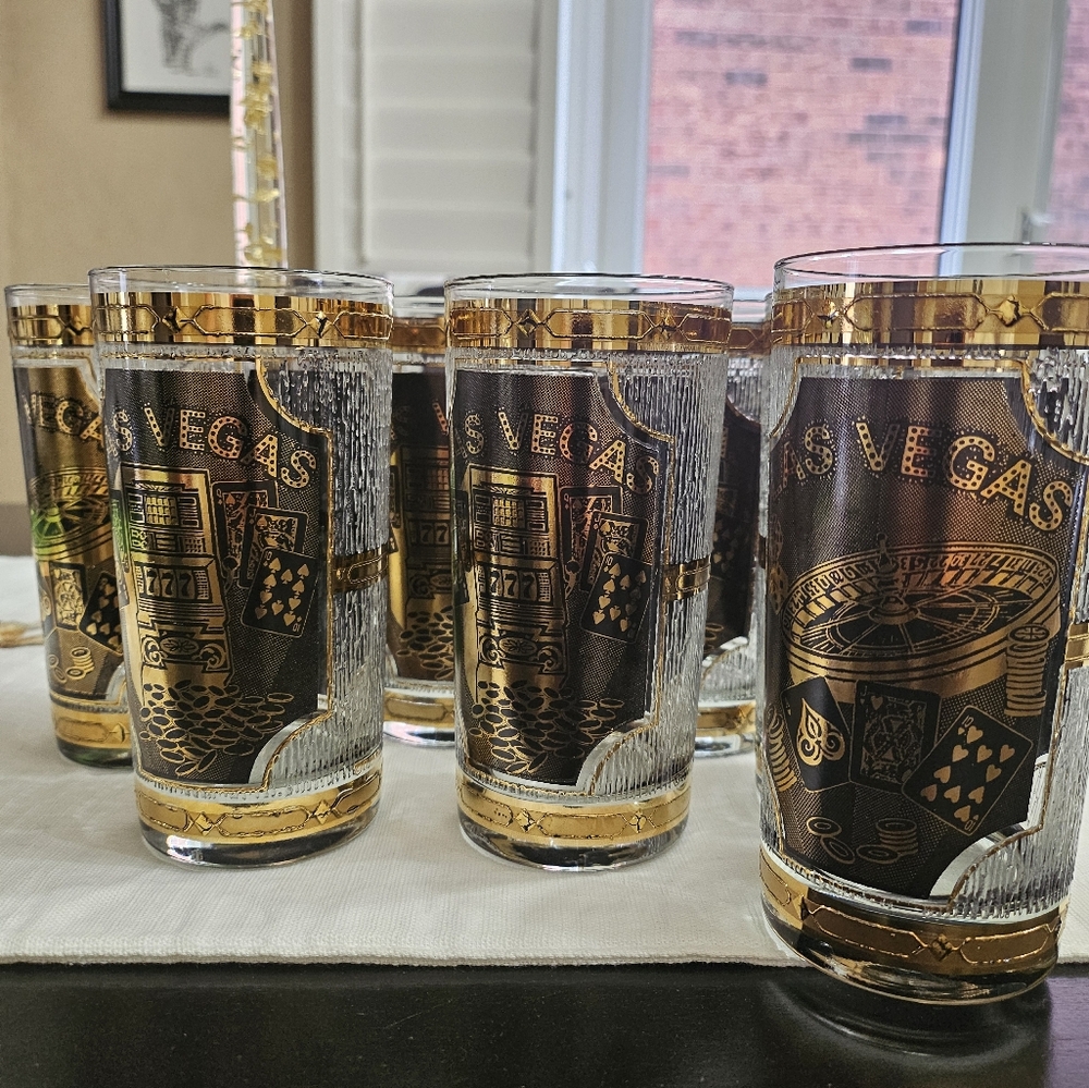vintage 6 Las Vegas Themed Glass Tumblers with Gold Accents